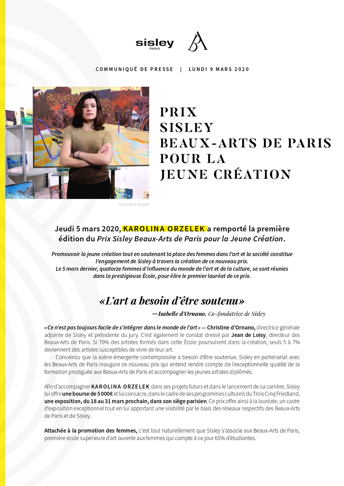 "Press release, Prix Sisley Beaux-Arts de Paris pour la Jeune Création", March 8, 2020