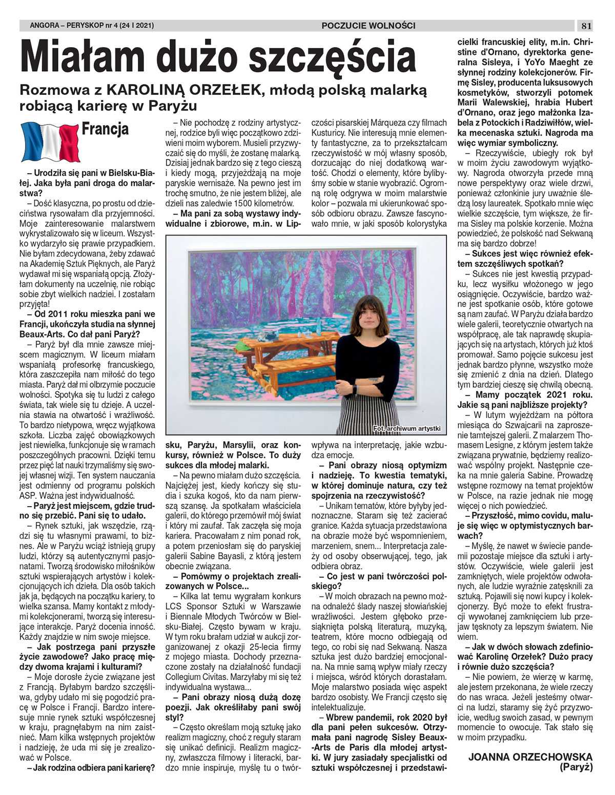 "Miałam dużo szczęścia", Joanna Orzechowska-Bonis, Angora - Peryskop nr 4, January 24, 2021